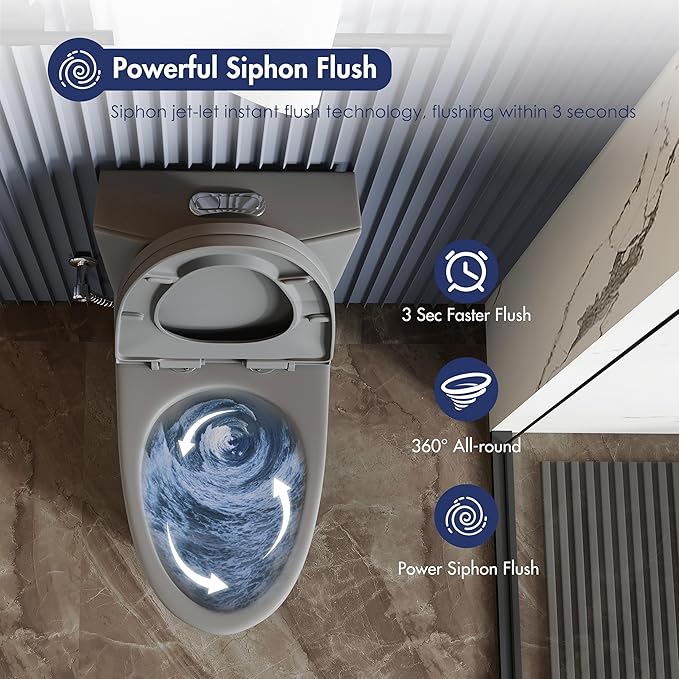 Eridanus Elongated One Piece Toilet with Powerful Siphon Dual Flush 1.1/1.6 GPF, 12" Rough-In Modern Bathroom Toilets with Comfort Soft Closing Seat Height 17", ADA Compliant Bowl, Light Gray