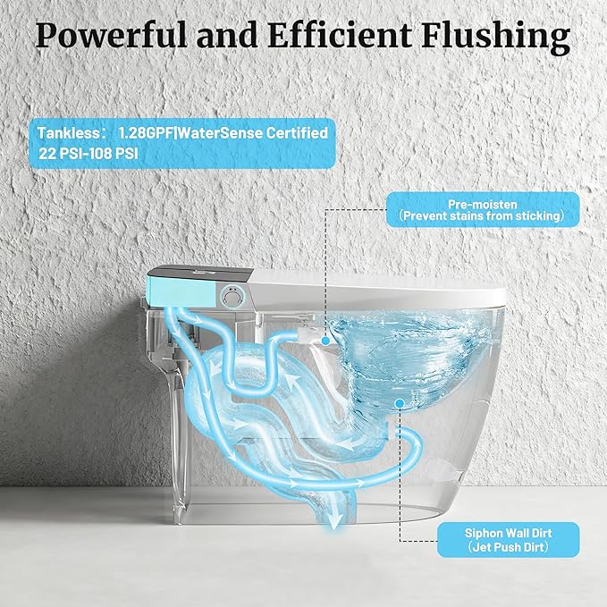 Smart Toilet with Elongated Heated Seat, Dual Auto Flush, Manual Soft-Close Seat & Lid, Night Light, Tankless Electric Toilets for Bathroom with Siphon Dual Flush 0.8/1 GPF, MAP 1000g