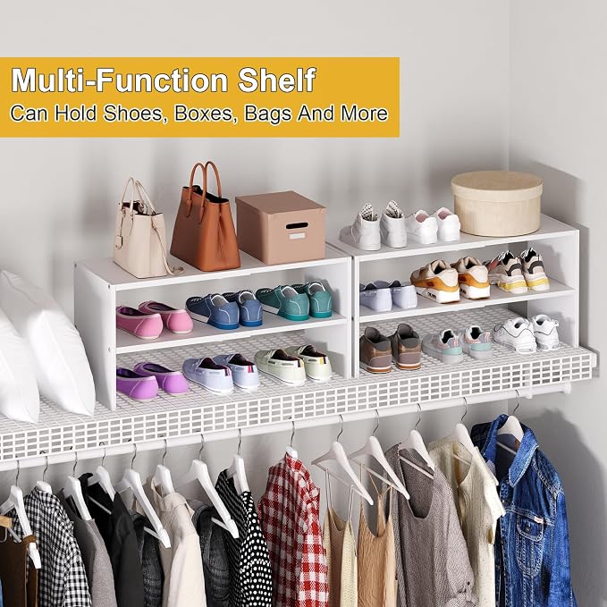 2 Pack White Shoe Rack for Closet, 2-Tier Expandable Small Shoe Shelf, Stackable Iron Wood Combination Shoe Organizer Racks Shelves for Closets, Entryway, Hallway, Garage, Holds 12-24 Pairs