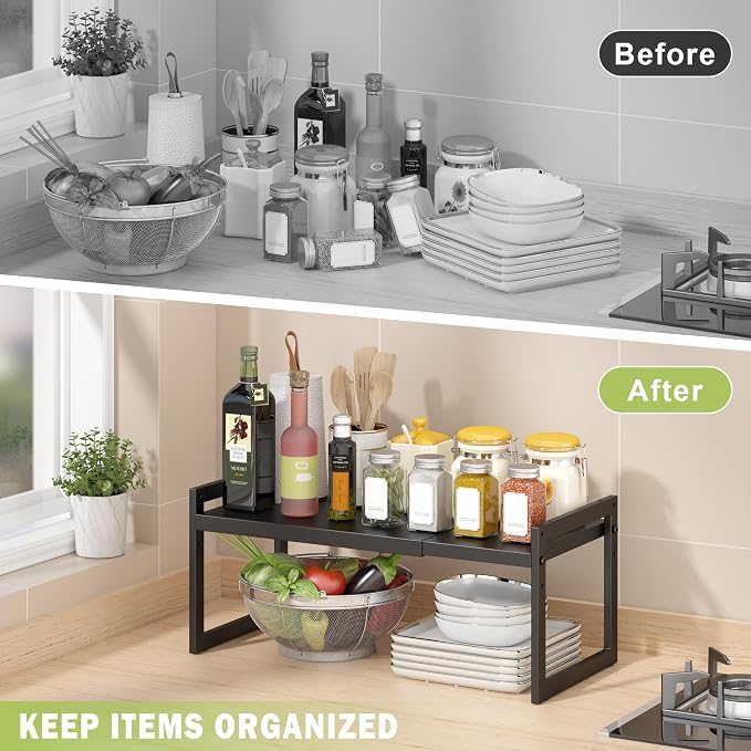 DOLALIKE Expandable kitchen Countertop Organizer, Stackable Cabinet Shelf Organizers, Space Saving Spice Rack Pantry Storage for Bathroom Office (Black, 1 Pack) | Space Saving Metal Pantry Storage Racks for Kitchen Spice Rack Pans and Untensils Bathroo...