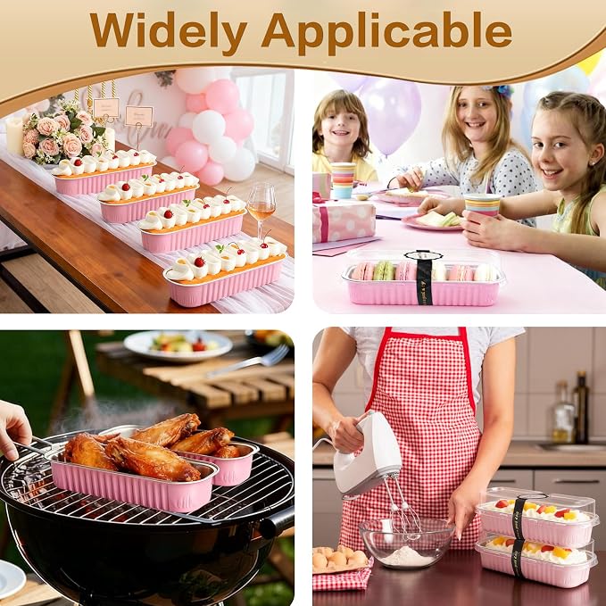 Mini Cake Pans with Lids and Spoons 200 Pack, Mini Loaf Pans with lids 6.8oz, Small Disposable Aluminum Foil Loaf Pans, Rectangular Baking Container for Party, Picnics and Birthday (Pink)