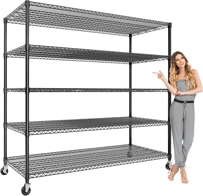 Garvee 3300LBS Storage Shelves 5 Tier Metal Shelving with Wheels, 82" H | 23.6"D,Heavy Duty, Wire Shelving Rack, Adjustable, Shelf Organizers for Garage Kitchen Pantry, Tool-Free Assembly, Black