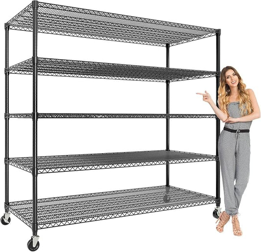 Garvee 3300LBS Storage Shelves 5 Tier Metal Shelving with Wheels, 82" H | 23.6"D,Heavy Duty, Wire Shelving Rack, Adjustable, Shelf Organizers for Garage Kitchen Pantry, Tool-Free Assembly, Black