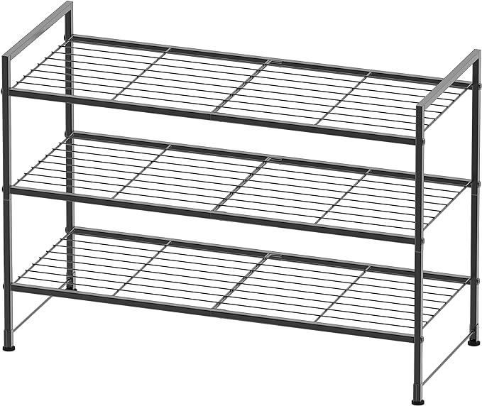 Simple Houseware 3-Tier Stackable Wired Grid Shoe Rack, Black | 9 Pairs of Shoes Storage Organizer for Closet, Entryway, Garage & Corridor
