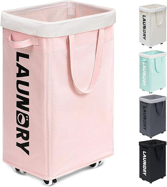 Goodpick 75L Laundry Hamper with Wheels, Dorm Room Essentials for Girls | Laundry Basket with Wheels, Collapsible Laundry Basket, Rolling Laundry Hamper with Handle for College Dorm,Pink