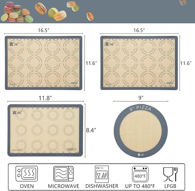 GUANCI Silicone Baking Mat Set of 4, 2 Medium 16.5"x11.6", 1 Small 11.8"x8.4", 1 Piece 9" Round, All Mats 0.7mm Thick, Food Grade Non-Stick Reusable Baking Mats for Pizza, Bread, Pastry, Macarons