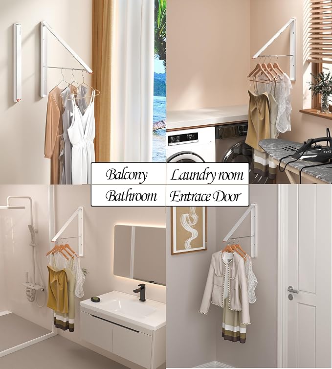 Dr.DJ Clothes Drying Rack Wall Mounted, Retractable & Foldable Clothes Hanger for Laundry Room Organization and Storage, Clothes Hanger Rack for Dorm, Closet, Balcony, Laundry Room(2Pack, White)