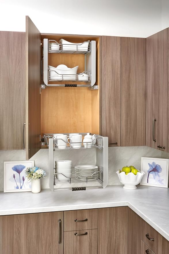 Rev-A-Shelf 24" Pull Down Heavy Duty Shelf Organizer for Tall Kitchen/ Bathroom Cabinets, Dual Tier Wall Mounted Pantry Storage, Chrome, 5PD-24CRN