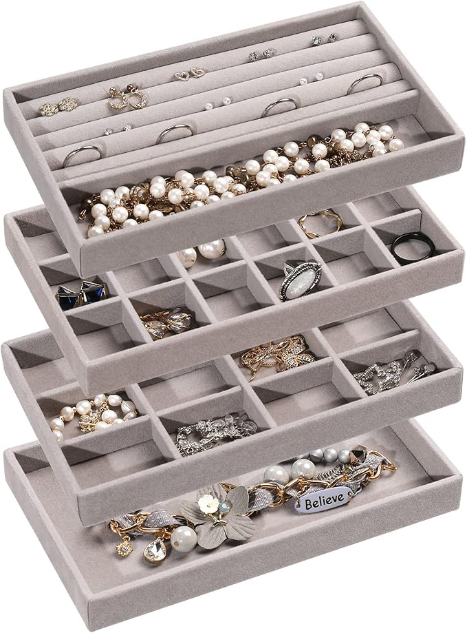 Frebeauty Jewelry Trays for Drawer,Set of 4 Jewelry Organizer and Storage | Velvet Material,Earring Holder Organizer,Stackable Jewelry Display for Vanity,Drawer Inserts for Rings,Studs,8.3×4.9 inch