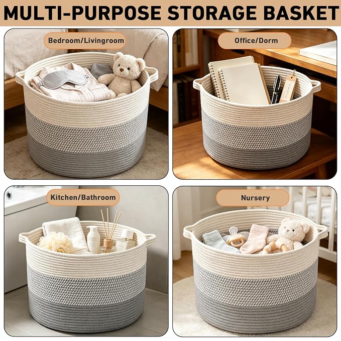 90L Extra Large Blanket Basket,Woven Rope Laundry Basket-Grey | Collapsible, reinforced handles, nursery storage bin organizes clothes, toys and pillows for living room, bedroom bathroom