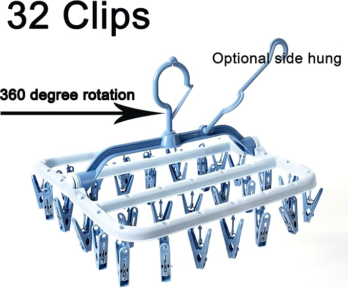 Foshine Clothes Drying Racks Foldable Clip Hangers Plastic with 32 Clips | Clip Hangers Wind-Proof Hook Underwear Hanger For Socks Bras Blue