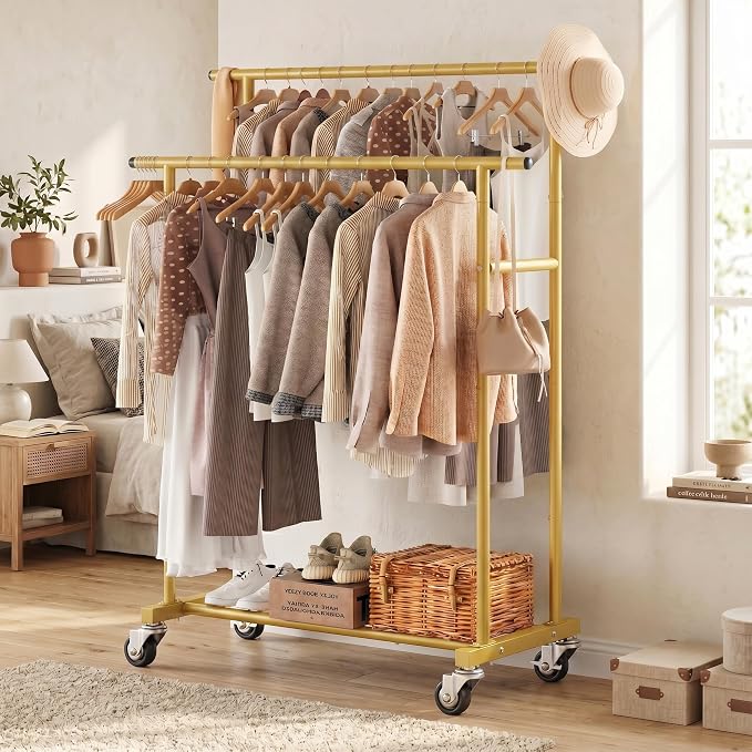 Calmootey Rolling Garment Rack with 2 Rods, Clothes Organizer for Bedroom | High-Low Rods, Two Lockable Wheels, Sturdy Metal Frame, Space-Saving, Fits Laundry, Living Room, Gold