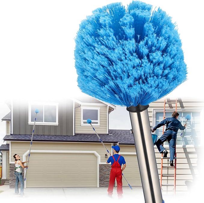 Extended Reach Cobweb Duster with 8-Foot Pole - Medium Bristle Brush for Ceiling, Wall, and Indoor/Outdoor Cleaning, Lightweight Stainless Steel (10FT)