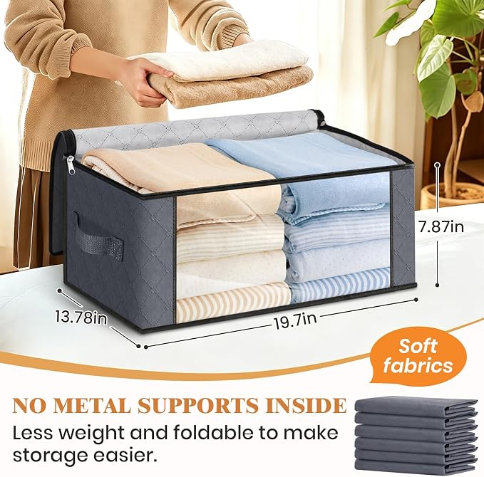 Fab totes 35L Closet Organizers and Storage, Foldable Under Bed Storage Containers, Storage bags for Organizing Bedroom, Closet, Clothing,Organization with Handle (4 Pack,Grey)