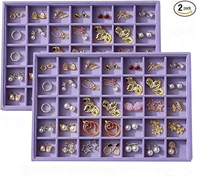 Large Velvet Jewelry Tray 2 Pack Stackable Jewelry Display Drawer Inserts Trays Organizer for Earring Bracelet Necklace Ring (Purple, 35 Grids)