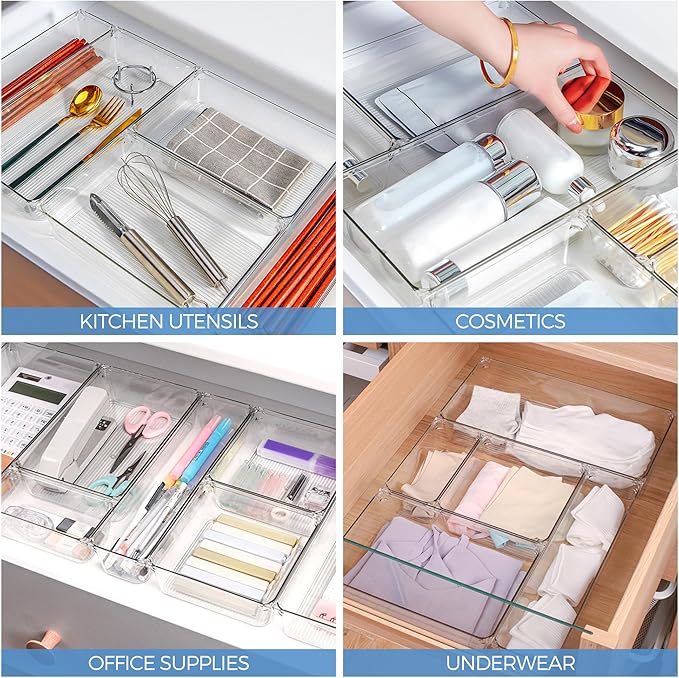 Ravinte 6 Pack Drawer Organizer - 6" X 9" Plastic Storage Bins, Acrylic Organizers with Non-Slip Pads Clear Desk Storage Tray for Makeup, Jewelries, Kitchen Utensils, Bathroom and Office | Acrylic Tray Design, Non-Slip Pads, For Makeup, Jewelry, Kitche...