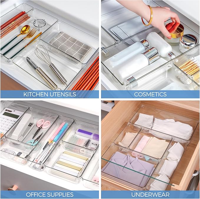 Ravinte 6 Pack Drawer Organizer, 3" x 9" Plastic Storage Bins | Acrylic Tray Design, Non-Slip Pads, For Makeup, Jewelry, Kitchen Utensils, Bathroom, Office Storage