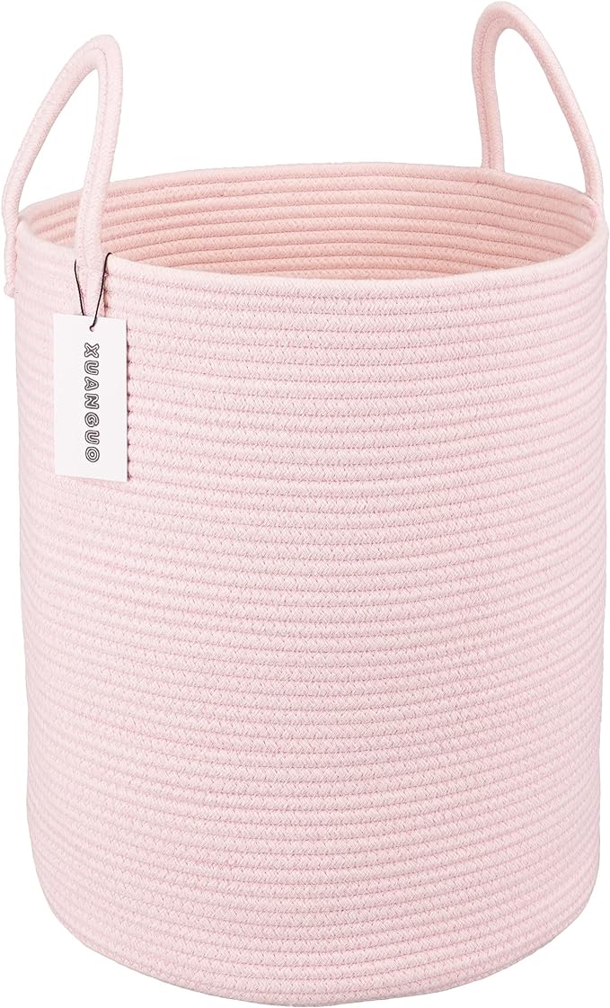 XUANGUO Cotton Rope Laundry Basket Hamper for Girls Kids Baby Nursery Pink | Large Nursery Hamper Bin and Woven Storage Basket for Living Room Girls Room Boho Tall Rope Baskets for Blankets Toys