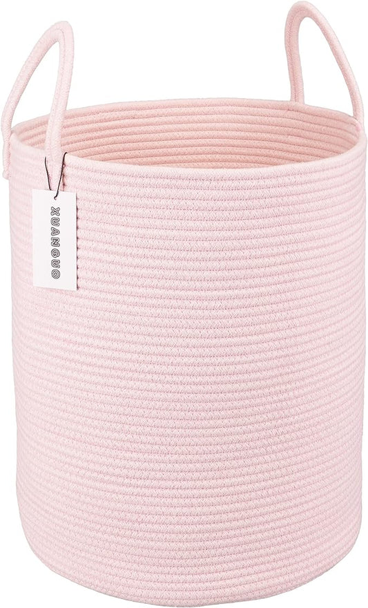 XUANGUO Cotton Rope Laundry Basket Hamper for Girls Kids Baby Nursery Pink | Large Nursery Hamper Bin and Woven Storage Basket for Living Room Girls Room Boho Tall Rope Baskets for Blankets Toys