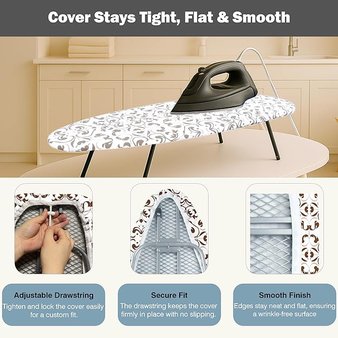 UniSimp Small Ironing Board Cover and Pad 12.5"x30" Small Iron Board Cover with Padding,Tabletop Mini Ironing Board Cover and Pad Small Size, Cotton Canvas, Heat Resistant, Drawstring Taupe