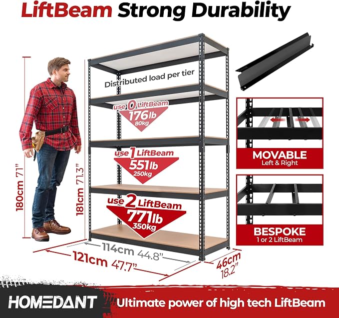 HOMEDANT 47.7" W 5 Tier Heavy Duty Garage Shelving Adjustable Metal Rack Storage Shelves Standing Shelf Unit Organizers Industrial Warehouse Basement Black 1Pack