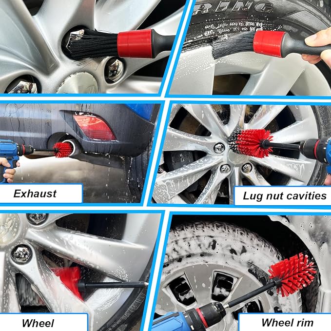 Wheel Brush Kit, Soft Drill Wheel Cleaner Brush, No Scratches Highly Dense Car Cleaning Brush Set for Wheels, Rims, Engines, Exhaust(Red/Black,2Pcs)