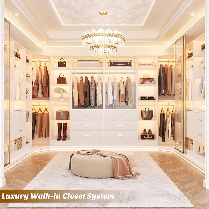 Besiost Corner Closet System with 6 Drawers, Closet Organizer System with 14 Shelves & 4 Hanging Rods, 87.2"L * 39.2"W / 63.2"L * 63.2"W Reversible L Shaped Walk-in Closets, Load 2500+LBS, White