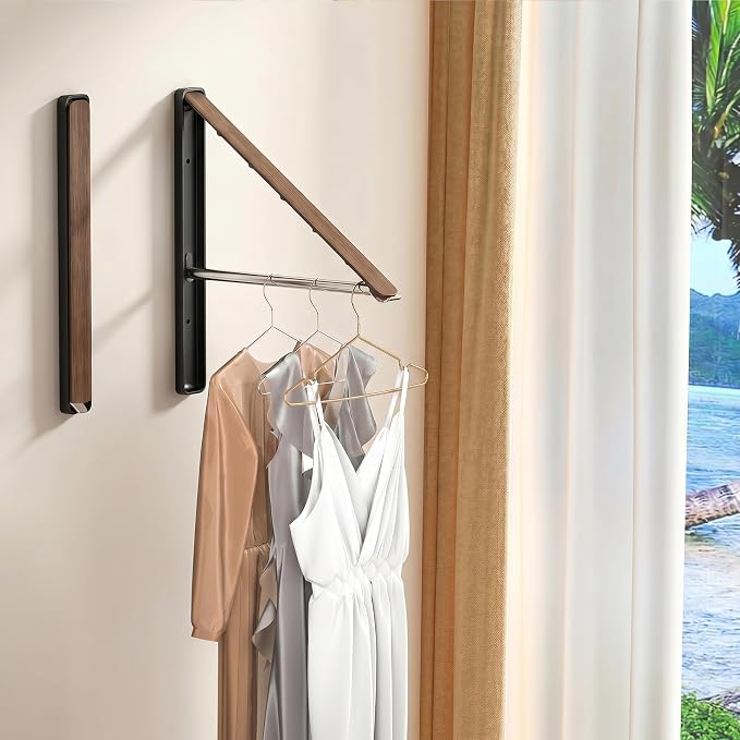 Dr.DJ Clothes Drying Rack, Wall-Mounted Retractable & Foldable Clothes Hanger for Laundry Room Organization and Storage, Metal Clothes Hanger Rack for Dorm, Closet, Balcony(1 Pack, Wood)