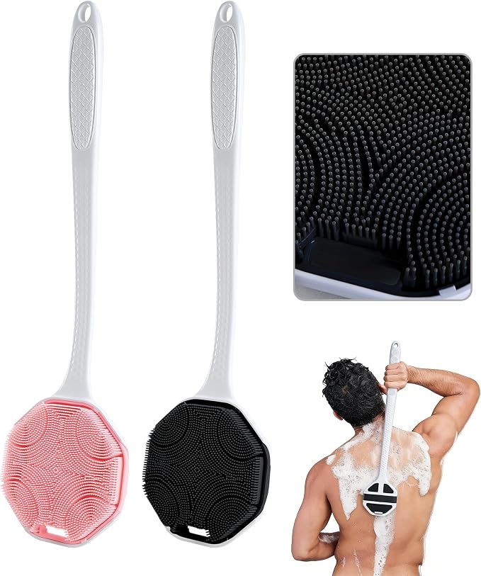 Back Scrubber for Shower - Long Handle Body Brush with Soft Bristles, Exfoliating Deep Clean, Black + Pink