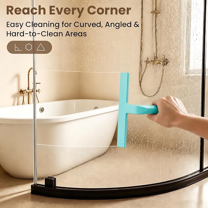 Shower Squeegee for Glass Doors - 10 Inch Bathroom Squeegee with Ergonomic Round Grip, Built-in Hook, Streak-Free No-Squeak Silicone Blade for Shower Glass, Tile Walls, Mirrors & Windows, Mint Green