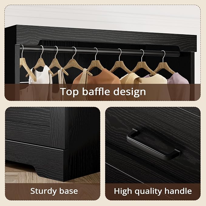 IRONCK Freestanding Closet System with 3 Wood Drawers, 31.5" Black | Modern armoire wardrobe with adjustable shelves & hanging rod, walk-in closet organizer for small spaces, space-saving design