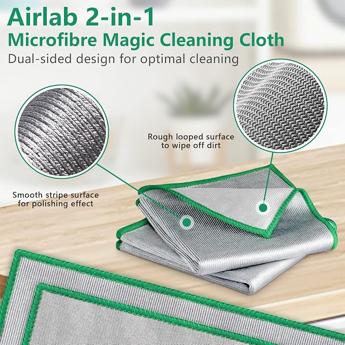 Airlab Glass Polishing Cloth Streak Free Miracle Cleaning Cloth Lint Free Microfiber Cleaning Rags for Glasses Kitchen Dish Mirrors Easy Clean, Pack of 6, 12" x 12", Sliver-Green
