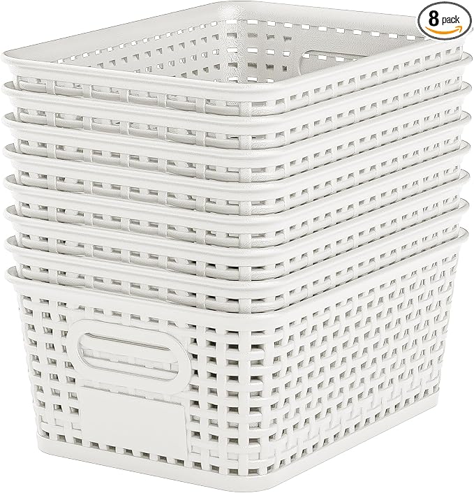 White Plastic Storage Baskets - Pack of 8 with Labels Stackable Durable Storage Bins, Storage Containers for Organizing Desktops, Closets, Playrooms, Classrooms, Offices