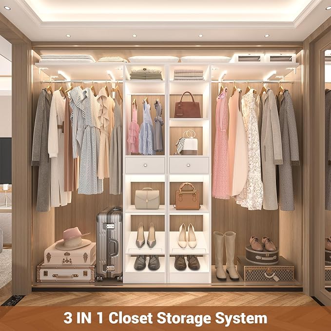 Unikito 58" W - 90" W Closet System, Large Walk in Closet Organizer with 3 Hanging Rods and Shelves, Heavy Duty Wood Closets Wardrobe with 2 Drawer & Shoe Rack, Sturdy Reversible Clothing Racks, White