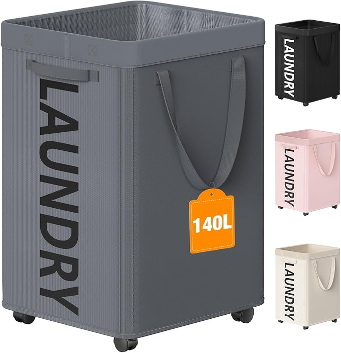 Optish 140L Laundry Hamper with Wheels, Rolling Laundry Basket with Removable Mesh Bag, Extra Large Clothes Hamper on Wheel for Bedroom, Bathroom, Dorm Room Essentials, Grey