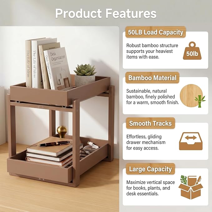 Bamboo Under Sink Organizer Adjustable Height 2 Tier Bathroom Organizer Pull Out Cabinet Storage Kitchen Heave Duty Wood Slide Ou Shelf for Kitchen Bathroom (Black, 2 Packs) (Brown, 2 Pack)