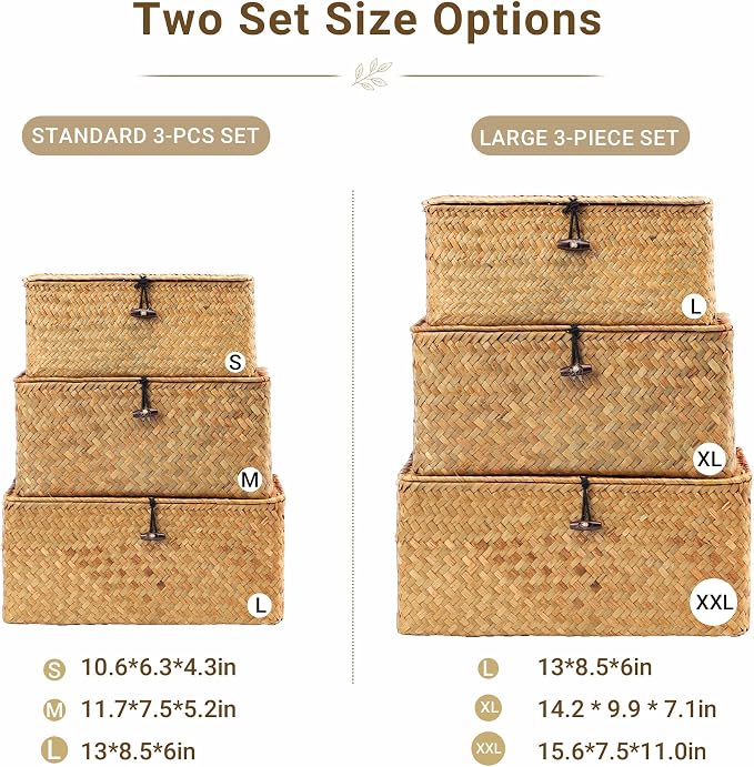 Nonam Large Storage Basket with Lid, Natural Seagrass Bin with Lid Set of 3, Shelf Baskets Multipurpose Container for Boho Decoration, Rectangular Household Storage Boxes for Home Organization-Natural