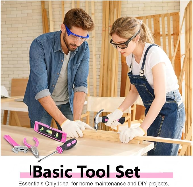Pink Tool Set,Tool Bag for Women with Shoulder Strap,Basic Tool Kit,21Pcs,Tool Pouch with Zipper,Portable Tool Bag with Tools for Home|Dorm|Office|DIY|Desk|Apartment