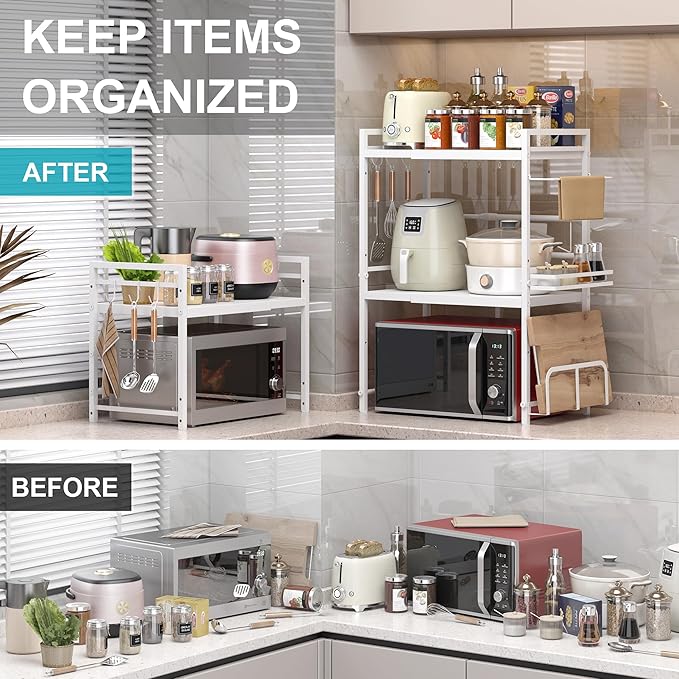 Expandable Microwave Stand Kitchen Countertop Organizer With Storage, White | Adjustable Microwave Oven Rack Metal Storage Shelf for Pans Small Appliances Kitchen Utensils Tableware, 3-Tier