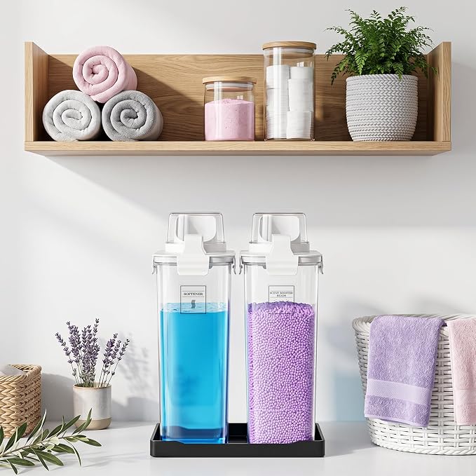 94oz Laundry Detergent Dispenser Container,Soap Dispenser,Black Tray,2 Pack | Fabric Softener Dispenser,Liquid Laundry Detergent Organizer for Laundry Room Organization