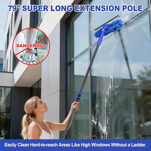 Window Cleaning Kit with Bucket 3 Gallon, 2-in1 Window Squeegee with 79" Long Handle, Professional Window Washing Equipment Cleaner Tool for Home Outdoor Commercial Use