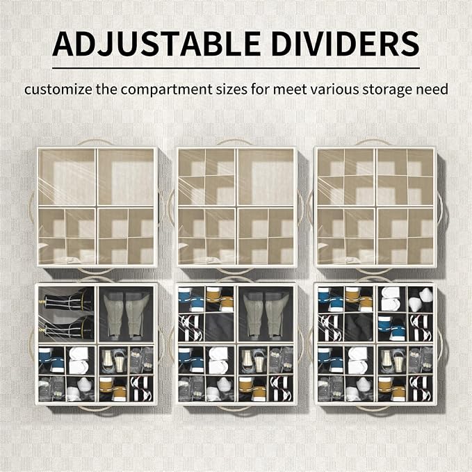 Shoe Organizer for Closet, Foldable Shoe Storage with Adjustable Dividers | Fabric Shoe Storage Organizer Box Bin with Adjustable Dividers and Clear Cover, Fits up to 16-32 Pairs