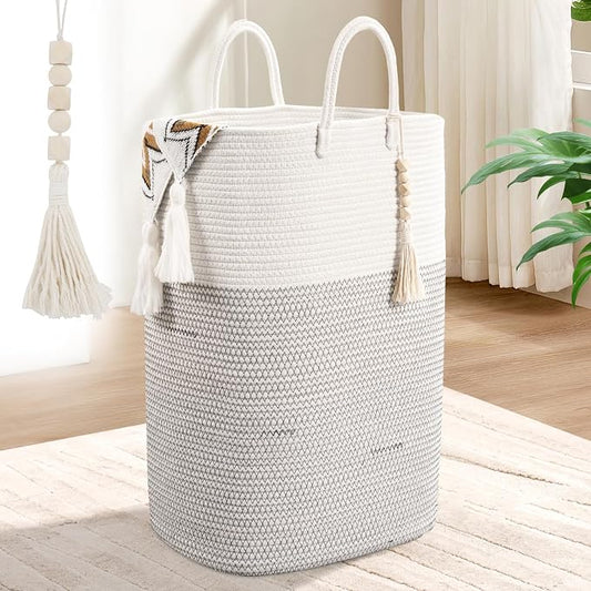 Woven Laundry Basket for Clothes, 100 L Large Rectangle Laundry Hampers with Beads Tassel, Nursery Storage Basket for Toys, Tall Dirty Clothes Hamper for Bedroom Aesthetic, Laundry Room Organization