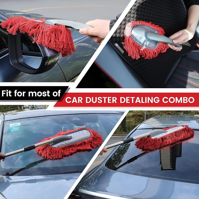 IPELY 2 Pack Large Car Duster Exterior Scratch Free with Extendable Handle and Car Duster Interior, Wax Cotton Hair Dusters (Red)