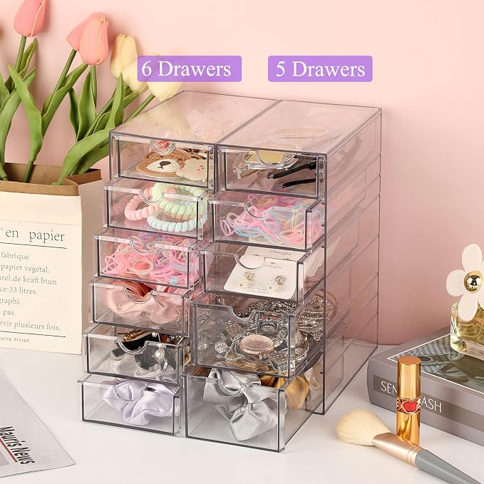 Hipiwe 5-Drawers Plastic Storage Organizer, Clear Hair Accessories Organizer with Large Capacity for Bathroom, Dresser, Cosmetic Hair Tie Container for Girls Women | Large Capacity Drawers Box for Bathroom, Dresser, Cosmetic Hair Tie Container for Women