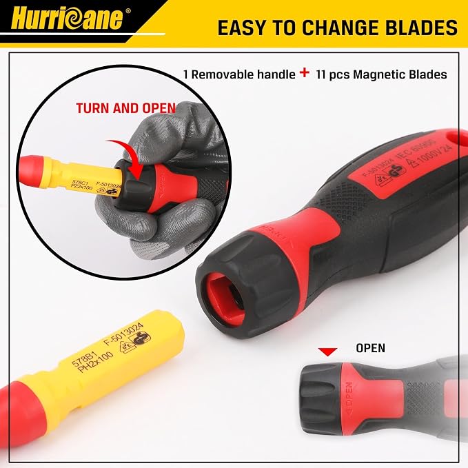 HURRICANE 13 Piece 1000V Insulated Electrician Screwdriver Set, Cr-V Magnetic Tip. 4 slotted, 2 Phillips, 2 Pozidriv, 3 Torx, 1 Electroprobe, and 1 handle. Ideal for Professional & Home Repair