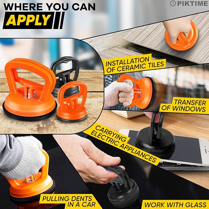 Car Dent Puller, 3 Pcs, One Large 4.6" and Two Small 2.2", Gloves | Rubber Suction Cup Dent Puller for Cars; Pulling Power up to 172 lbs; Comfortable Grip; Works with Glass and Ceramics