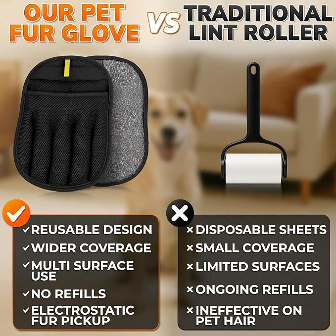Pet Hair Remover Glove for Cats and Dogs, Reusable, 9.25 x 6.69 in | Grooming Mitt with Five-Finger Fit, Static Lift, Washable Mesh, for Couch, Carpet, Car Seat, Furniture, Bedding, and Clothing