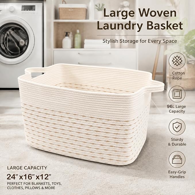 96L Woven Laundry Basket with Handles, Extra Blanket Basket,Yellow | 24"×16"×15" Collapsible Cotton Rope Storage Basket for Toys Clothes & Pillows, Nursery, Bathroom, Bedroom, Living Room