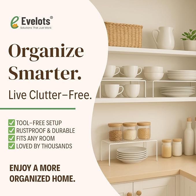 Evelots 2-Pack Wire Shelves, Cabinet Shelf Risers & Freezer Organizers | Rustproof dish risers for cabinets double storage space; use as small wire freezer shelves, pantry racks or shelf extenders.